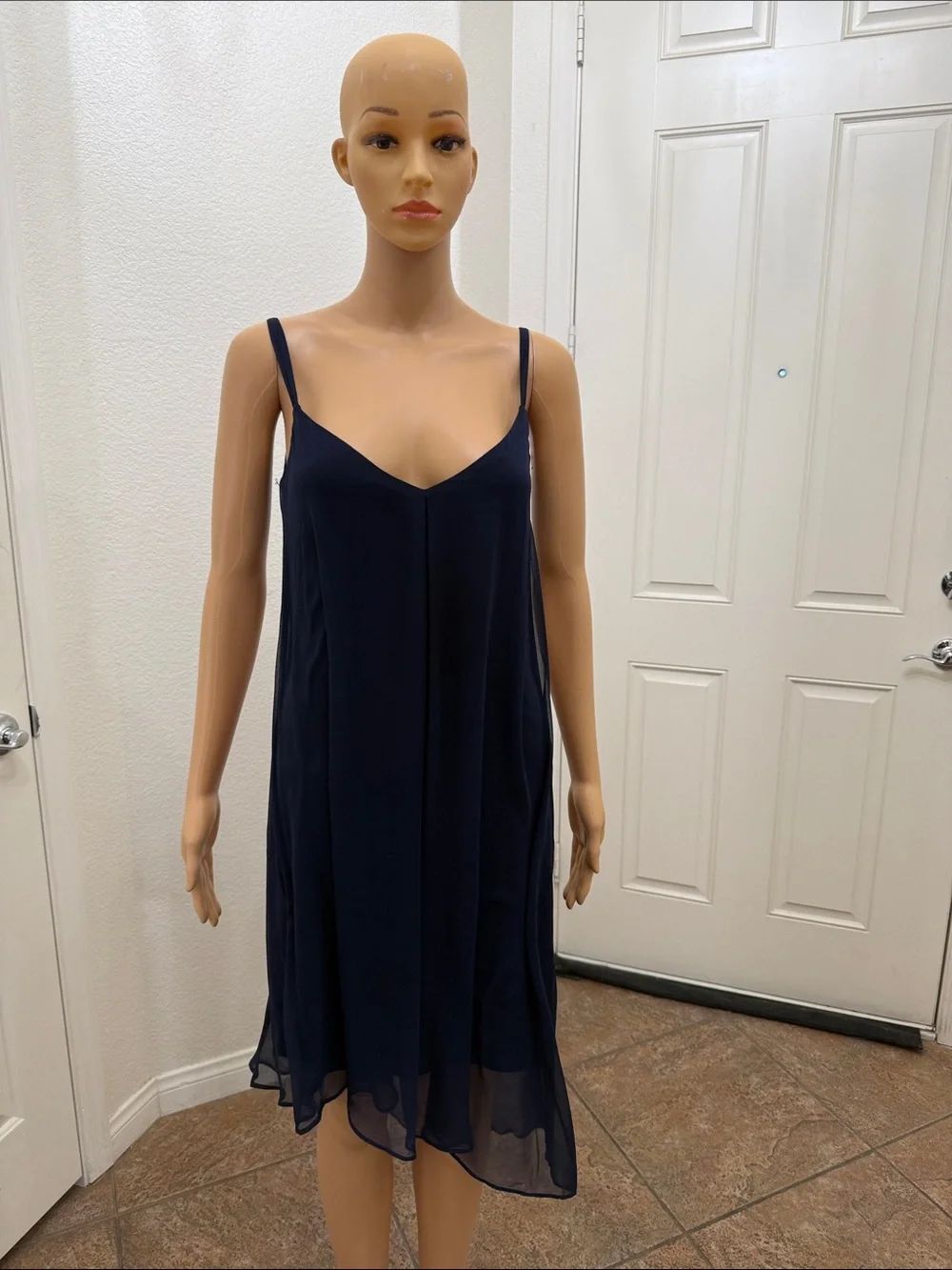 White House Black Market Navy Slip Dress Chemise Adjustable Straps Asymmetrical